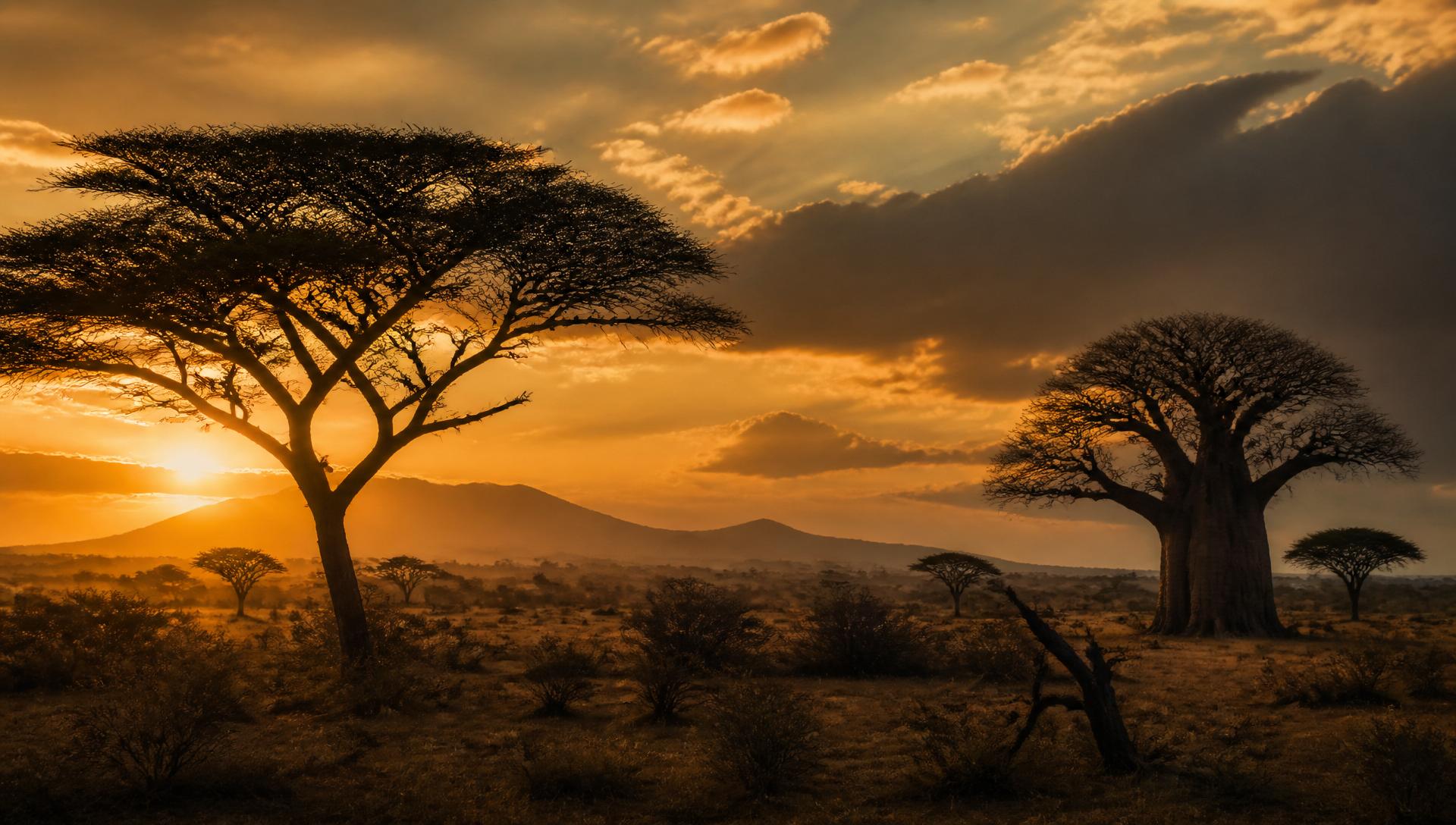 Kenyan savannah with acacia and baobab trees at golden hour